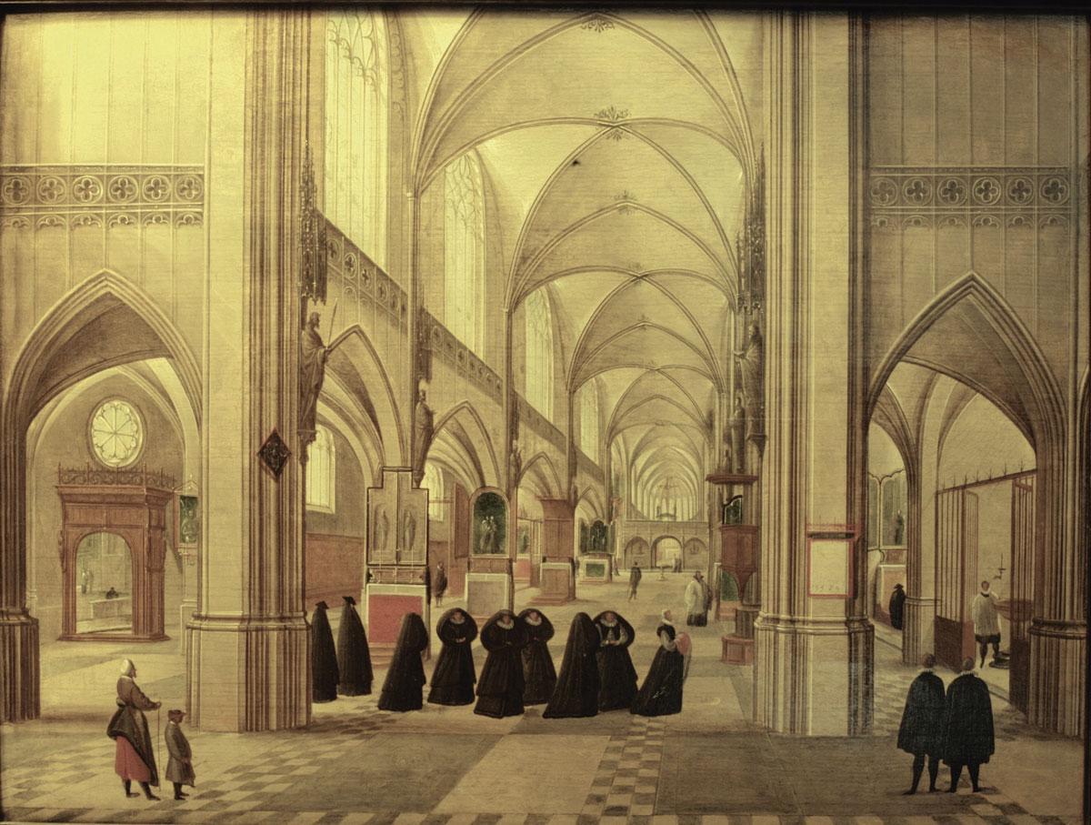 Intérieur d'une cathédrale avec une messe de relevailles, Abel Grimmer (1570 - 1620).