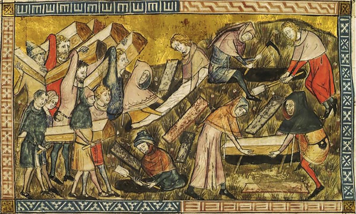 La peste à Tournai au xive siècle. Une miniature de Pierart dou Tielt (1340 - 1360) montrant l'enterrement des victimes de la peste.