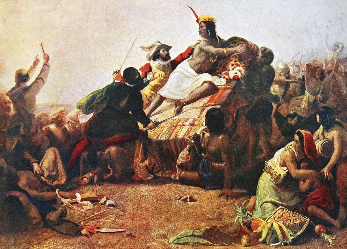 Pizzaro s'emparant de l'inca, de John Everett Millais (1829-1896). La population amérindienne a pratiquement disparu pendant le premier siècle des conquêtes, sous l'effet des épidémies infectieuses transmises par les Européens.