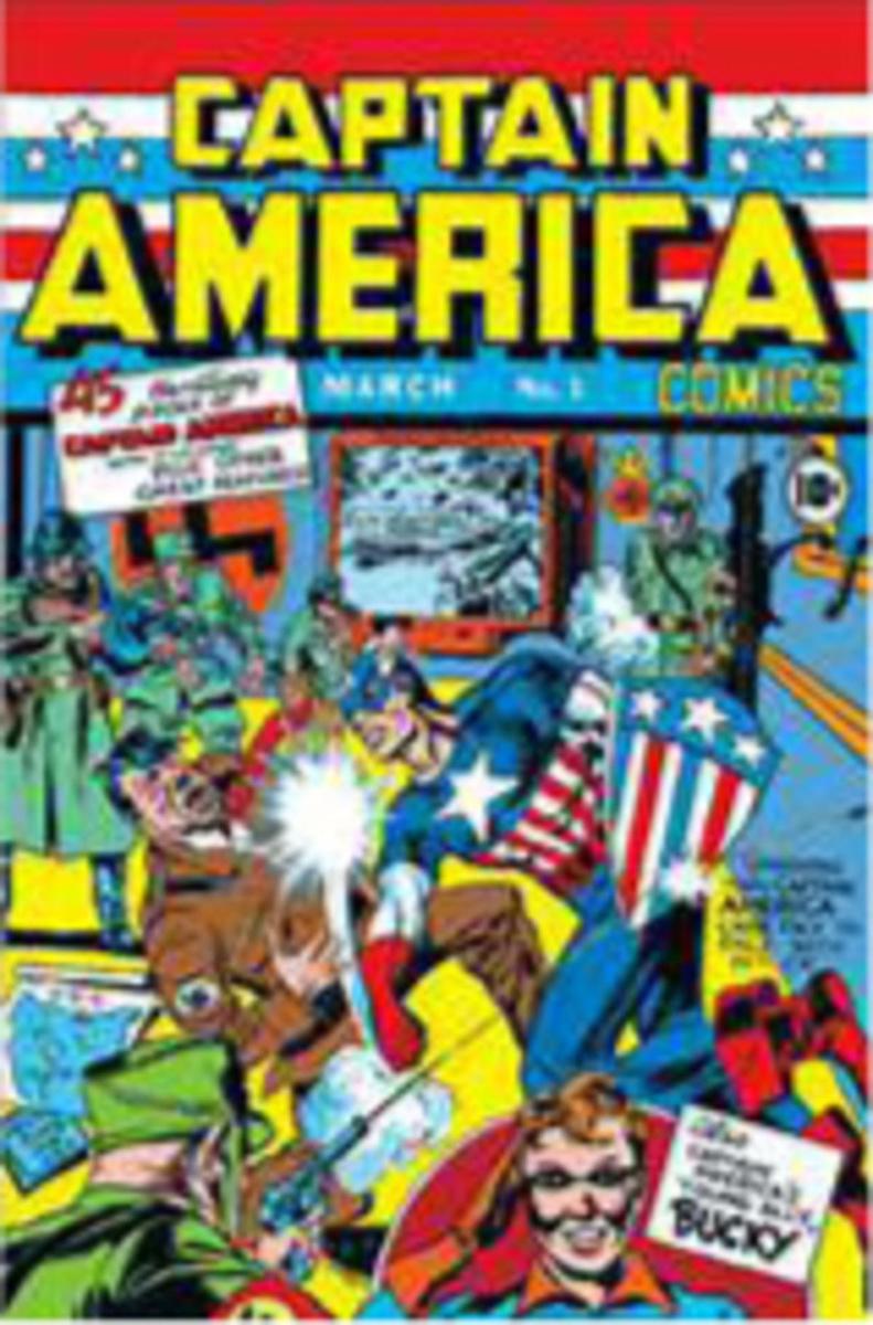 Jusque vers 1950, le superhéros Captain America s'en prend surtout aux nazis et à leurs alliés. De Joe Simon et Jack Kirby. Timely Comics, 1941-1950.