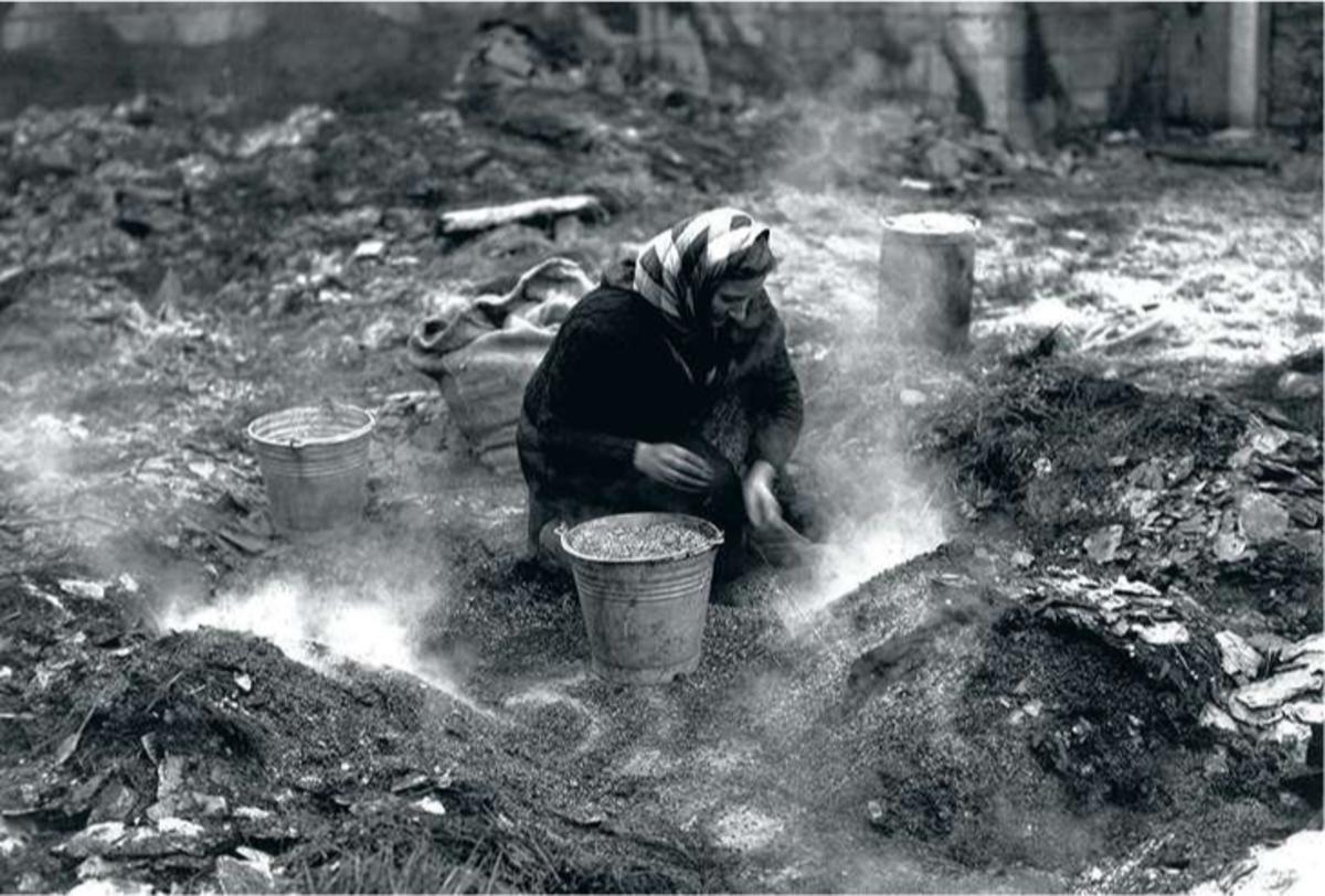 Une femme tente de sauver quelques céréales dans une ferme détruite en Belgique (1944).