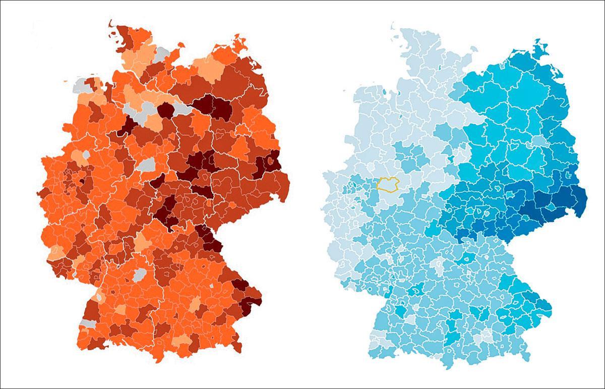 A gauche, la carte de la propagation de la Covid en Allemagne (plus le rouge est prononcé, plus le taux de contamination est élevé). A droite, le vote pour l'AfD aux élections législatives de 2017 (plus le bleu est prononcé, plus le résultat est important).