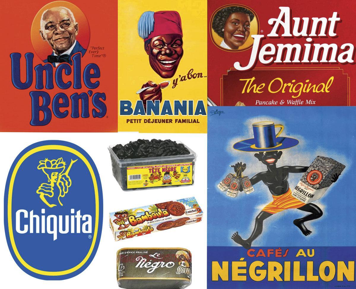 Quelques logos, disparus ou toujours actuels, de produits alimentaires destinés au consommateur blanc.