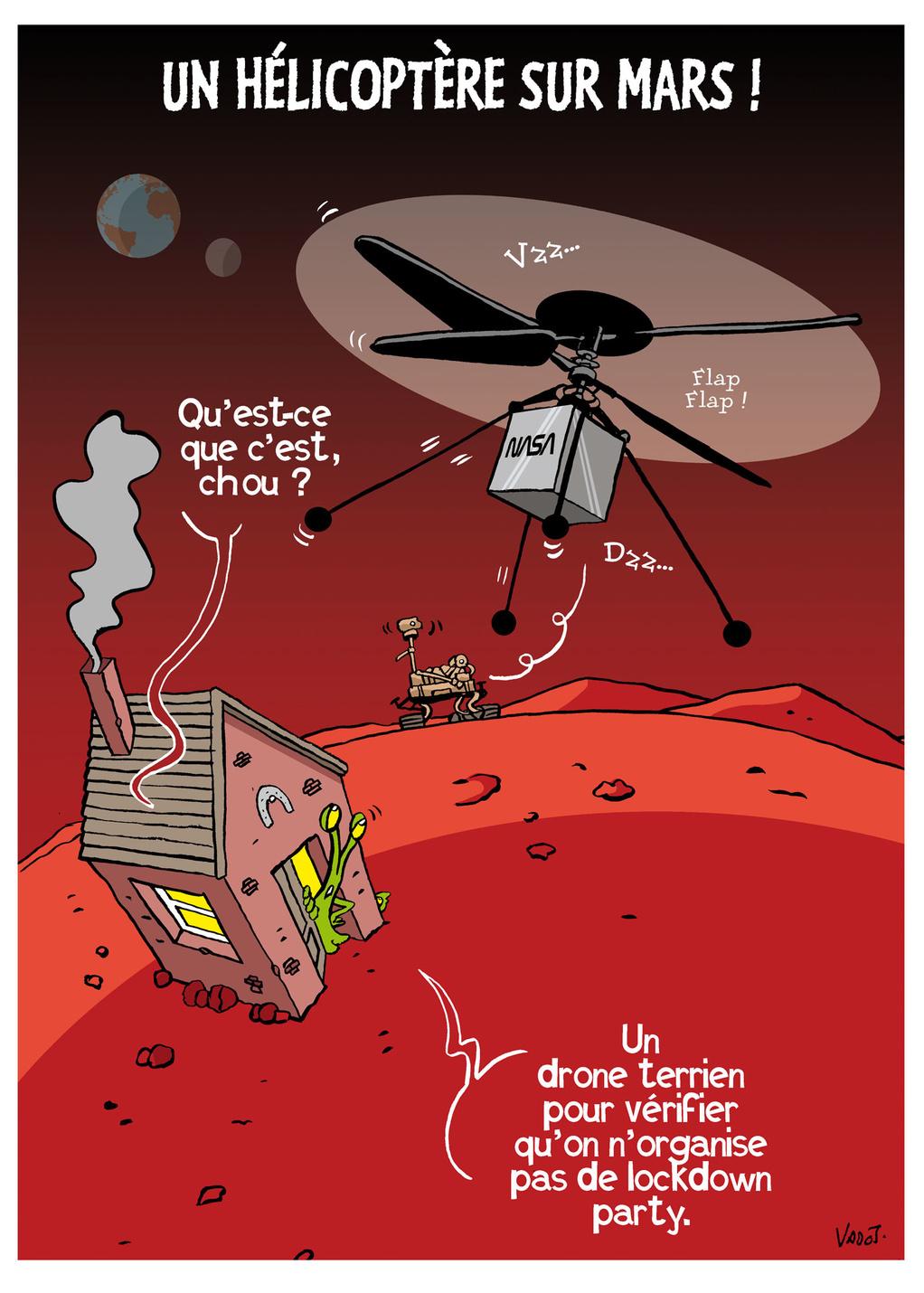 Un petit hélicoptère embarqué à bord d'un robot de la NASA survole la surface de Mars.