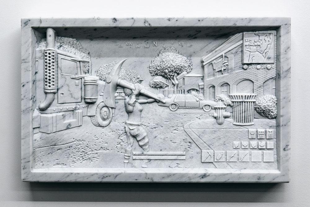 Exposés pour la première fois, des bas-reliefs en marbre inspirés à Wim Delvoye par les jeux vidéo. Ici : Untitled (Fortnite 01), 2019.