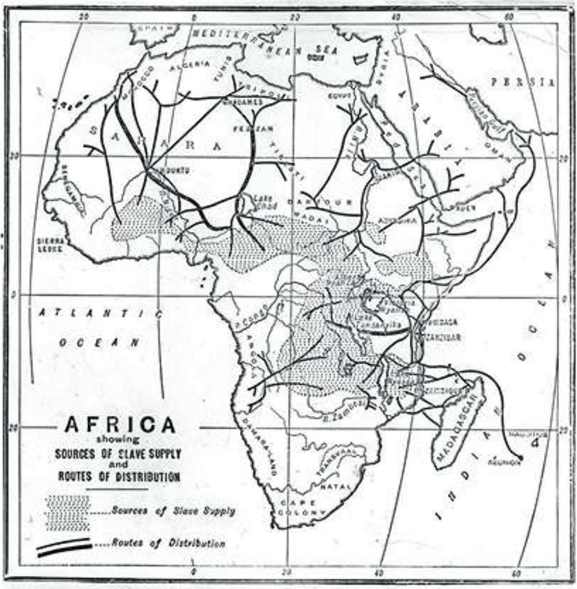 Routes de l'esclavage vers 1880 Carte montrant les sources d'approvisionnement en esclaves et les voies de distribution.