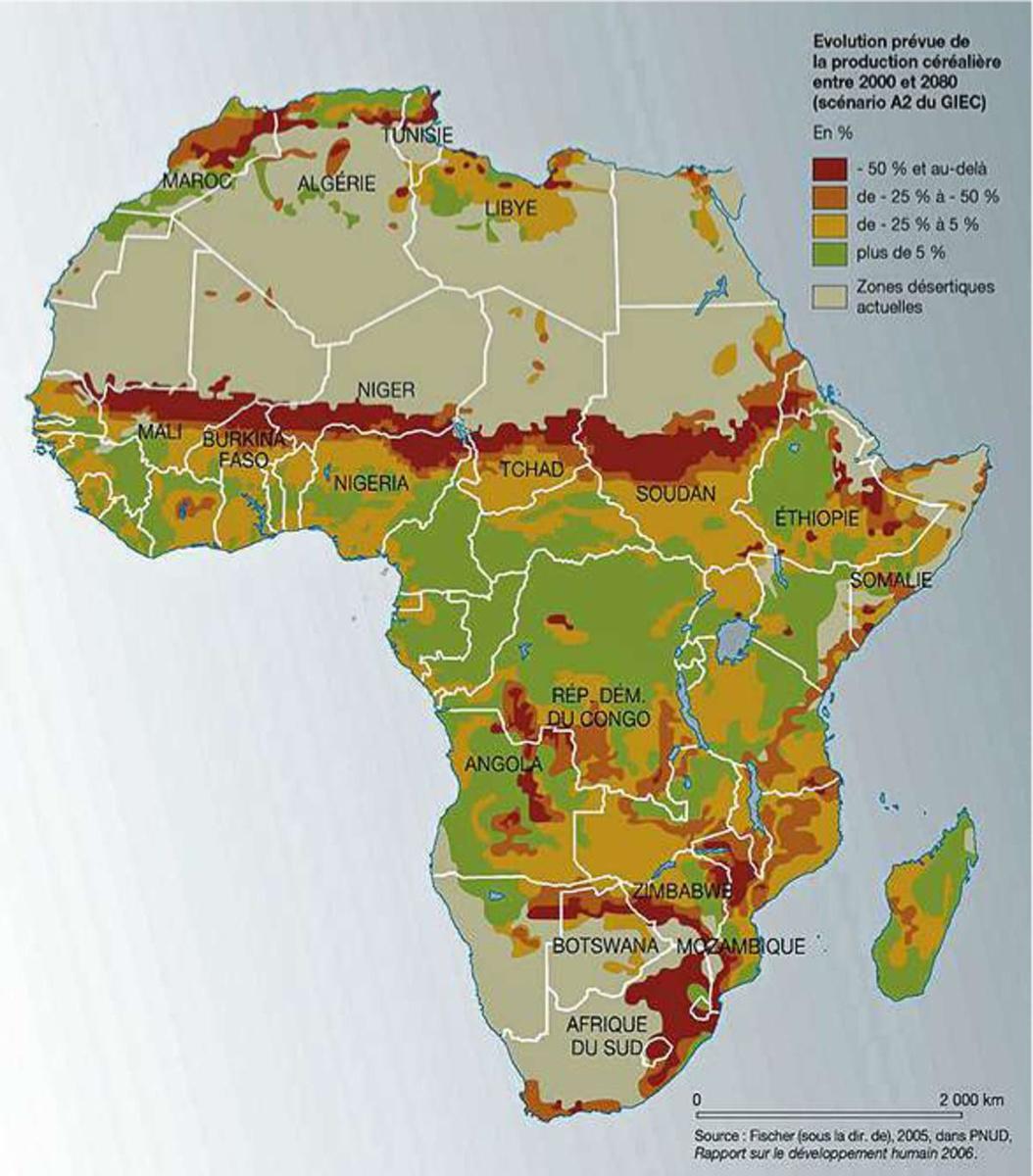 La carte du GIEC Scénario de perte de rendements agricoles et de désertification en Afrique tel que prévu par le GIEC, de 2000 à 2080. Les zones en rouge verront les rendements agricoles baisser de 50 % et les populations résidentes aggraveront fortement le processus de réfugiés climatiques.