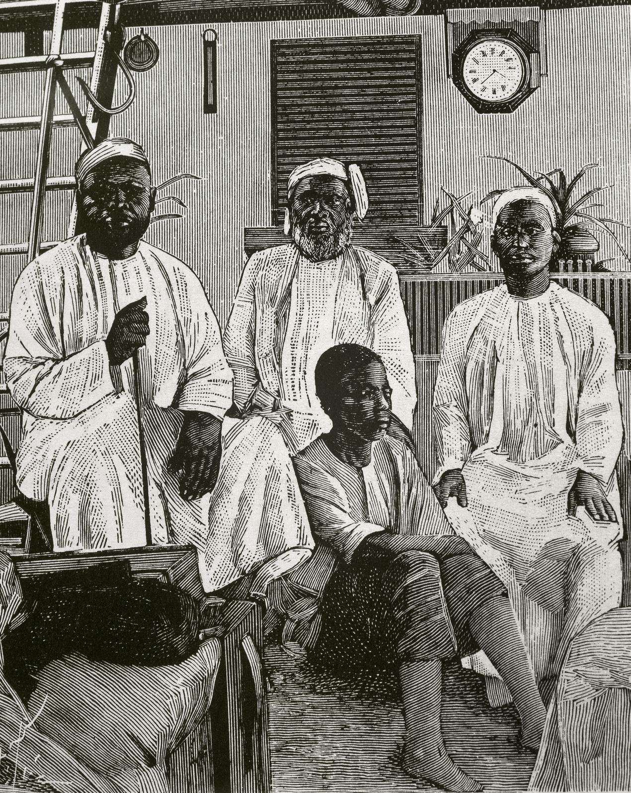 Tippo Tip (1832 - 1905) Marchand d'esclaves originaire de Zanzibar. Il fut également vendeur d'ivoire, explorateur, propriétaire de plantations et gouverneur de province au Congo. Ici, entouré de ses collaborateurs.