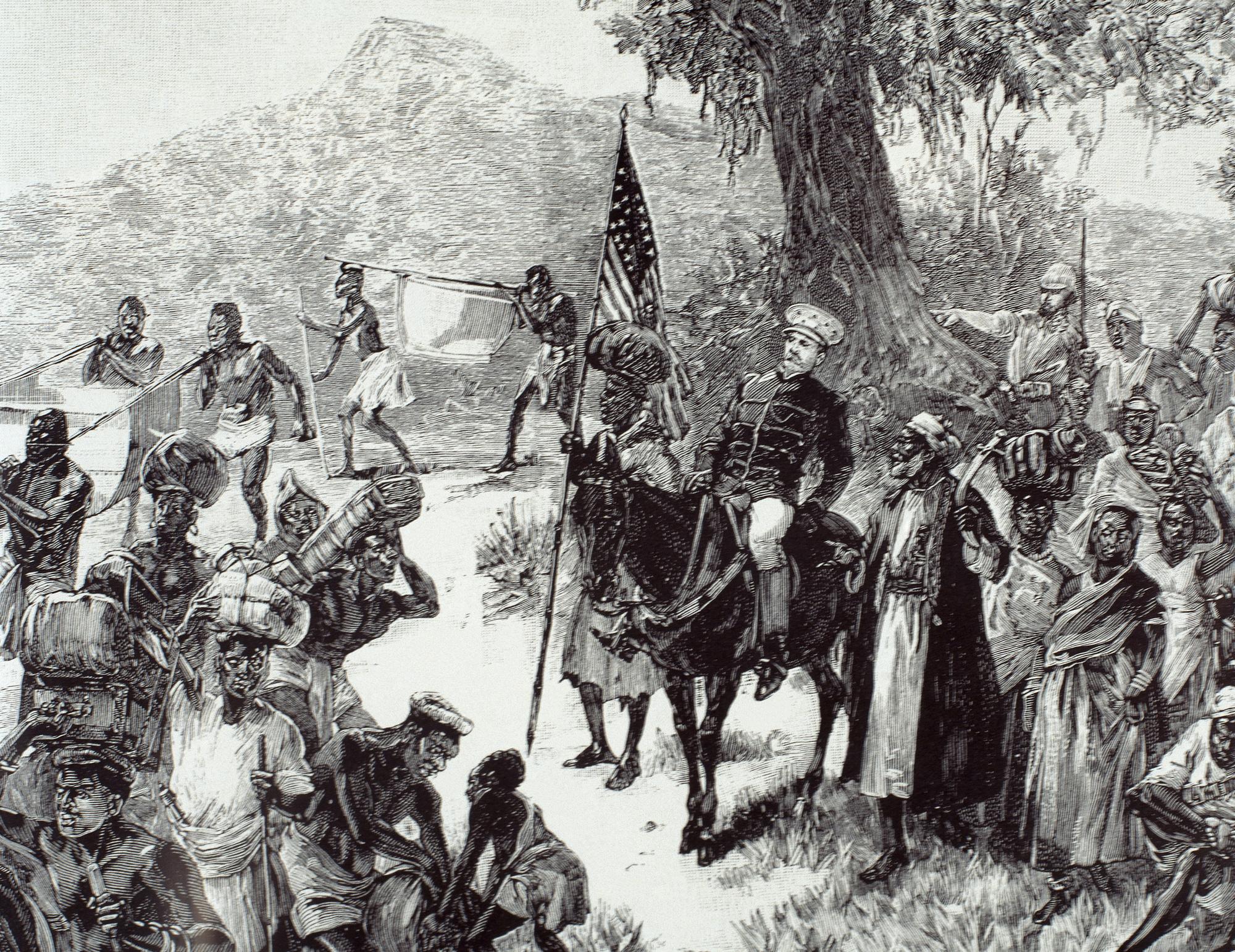 Henry Morton Stanley (1841-1904) Explorateur britannique. Son expédition quitte Matadi avec Tippo Tip et ses femmes (mars 1887).