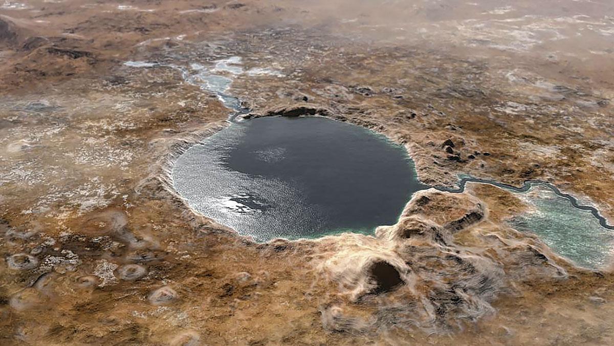Le cratère Jezero, où se déroule la mission Mars 2020. Actuellement, les ressources de la mission sont dédiées à Ingenuity, le 