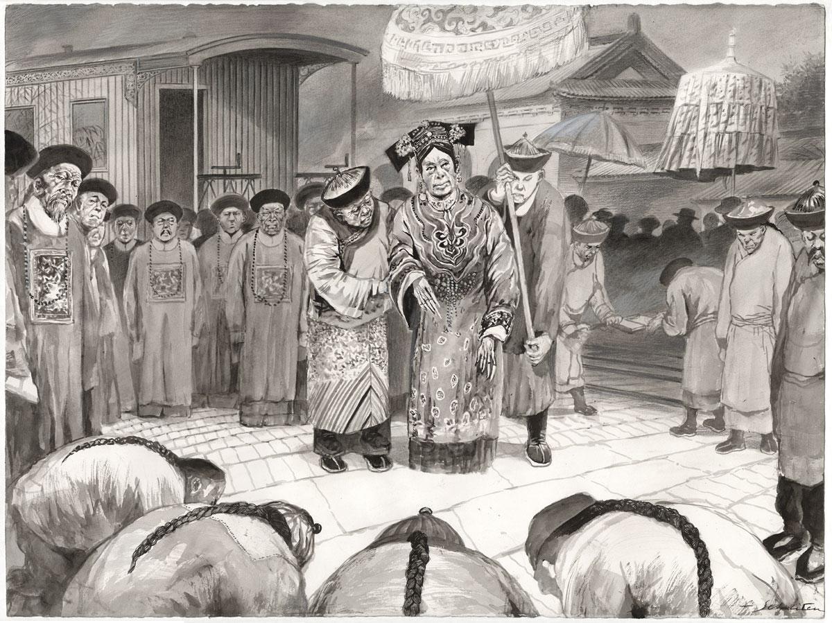 Arrivée de l'impératrice Cixi en gare de Pékin. Dessin à quatre mains de Li Kunwu et François Schuiten.