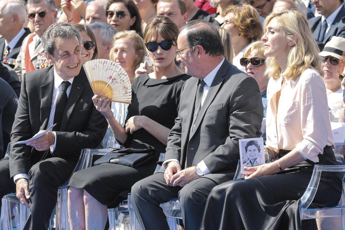 Les anciens présidents François Hollande et Nicolas Sarkozy, avec leurs conjointes respectives Julie Gayet et Carla Bruni, tous réunis à l'occasion de l'entrée au Panthéon de Simone Veil.
