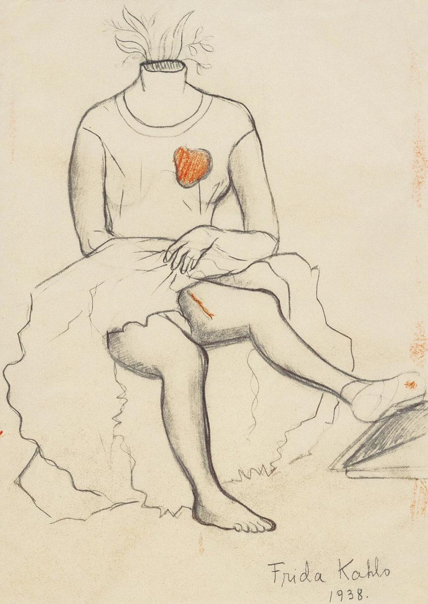 Une esquisse au crayon, emblématique d'une série de représentations montrant l'artiste blessée, les blessures physiques devant être comprises comme une métaphore de sa souffrance psychique.