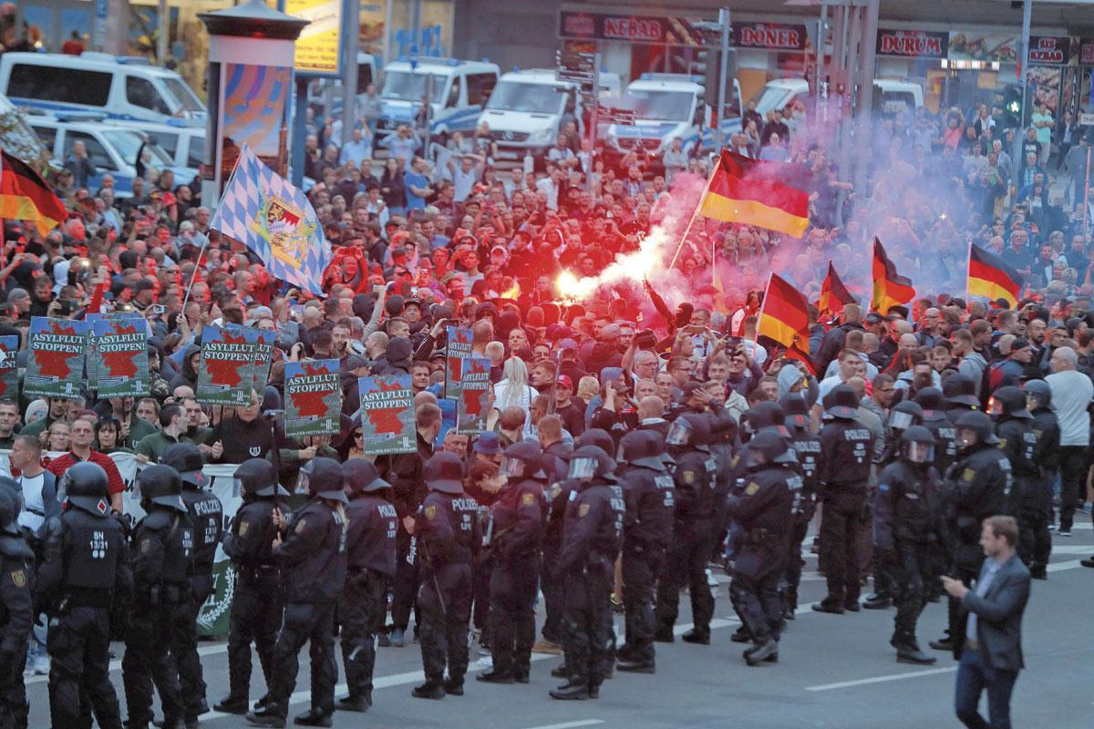 Manifestation de tous les groupes de l'extrême droite allemande à Chemnitz, le 27 août 2018, au plus fort de la contestation de la politique migratoire d'Angela Merkel.