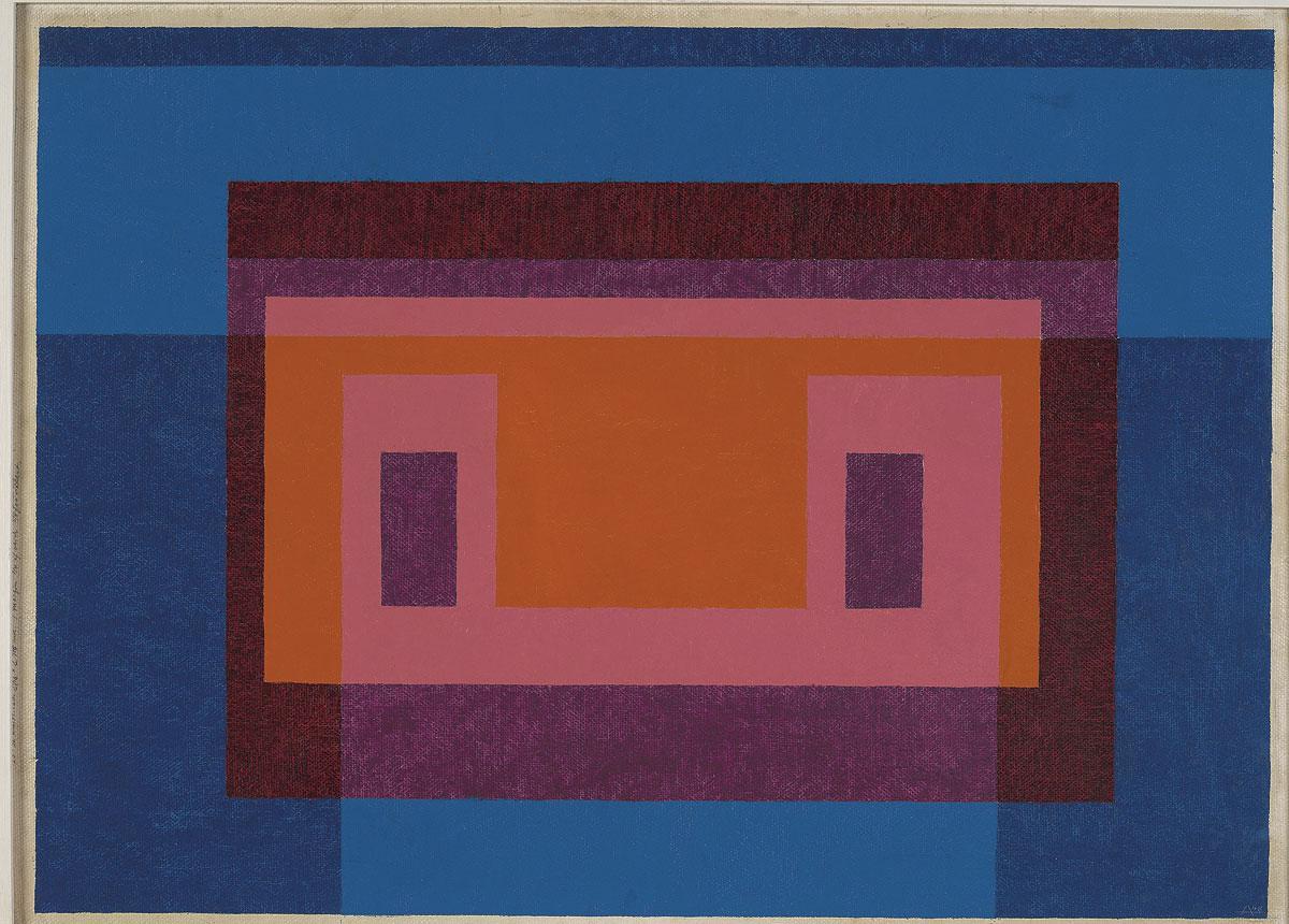 Josef Albers, 4 Central Warm Colors Surrounded by 2 Blues, 1948.