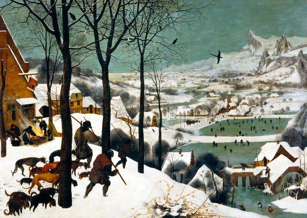 Pieter Bruegel de Oude, Jagers in de sneeuw, 1565 - Twee graden kouder had als consequentie dat graan en andere gewassen drie weken minder tijd hadden om te rijpen. Plots was er hongersnood en braken er epidemieën uit. 