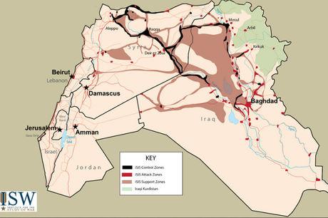 De zwarte zones zijn onder controle van IS, de bruine steunen IS en in de rode valt de terreurbeweging geregeld aan. De groene zone duidt Iraaks Koerdistan aan.