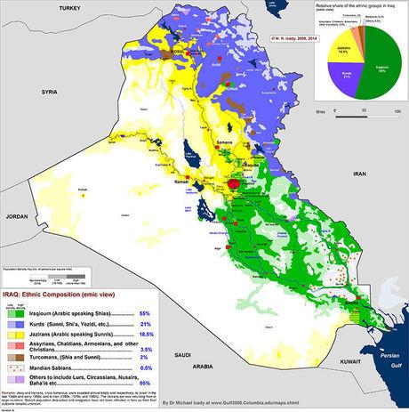De gele zone duidt Arabische soennieten aan. Groen zijn Arabische sjiieten. De Koerden (soennieten, sjiieten, jezidi's, ...) zijn blauw.