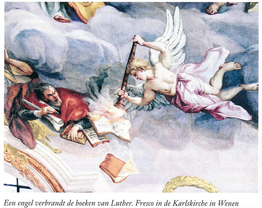 Een engel verbrandt de boeken van Luther (fresco in Wenen).