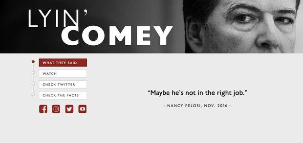De homepage van 'Lyin' Comey', een site betaald door de Republikeinen om ex-FBI-baas James Comey in het diskrediet te brengen. 