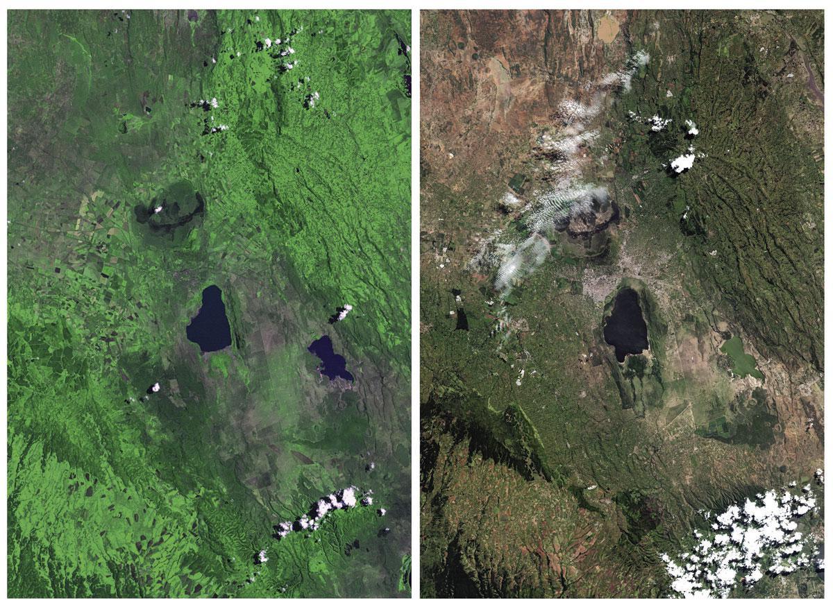 Op deze satelliet-beelden (van NASA) is te zien hoe het nationale park Nakuru in Kenia onder druk komt te staan door de groeiende bevolkingsdichtheid (foto links: 1972, foto rechts: 2015).