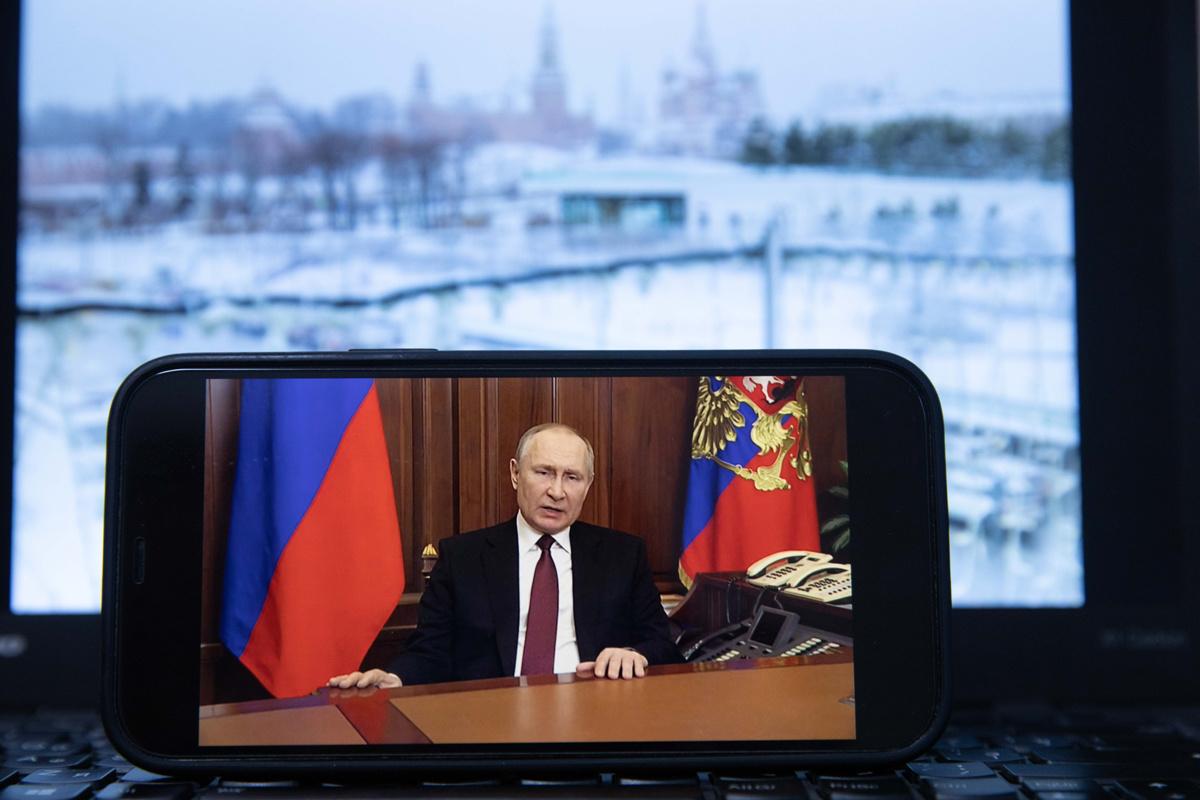 Vladimir Poetin kondigt een militaire operatie in Oekraïne aan, 24 februari 2022.
