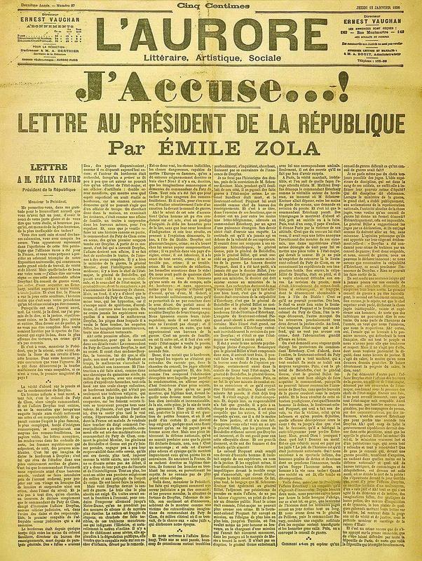Émile Zola schrijft J'accuse in steun van Alfred Dreyfus.