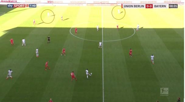 Bayern bouwt langs links op en trekt het grootste deel van de spelers van Union naar daar. Dan volgt een snelle flankwissel, zodat Pavard en Müller op rechts hun overtal kunnen benutten en een gevaarlijke aanval opzetten./Italique