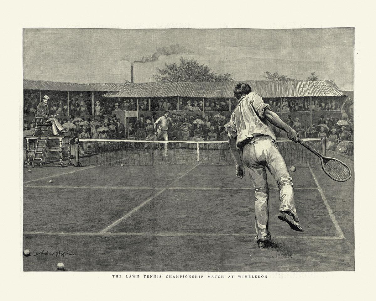 Ets van een wedstrijd op Wimbledon uit 1888.