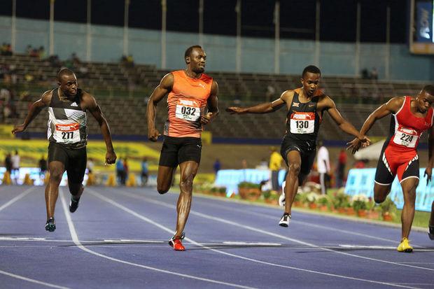 Usain Bolt op de 100m van de Jamaicaanse National Trials 2016.
