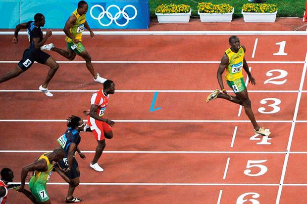 Usain Bolt op de Olympische Spelen in Peking 2008.