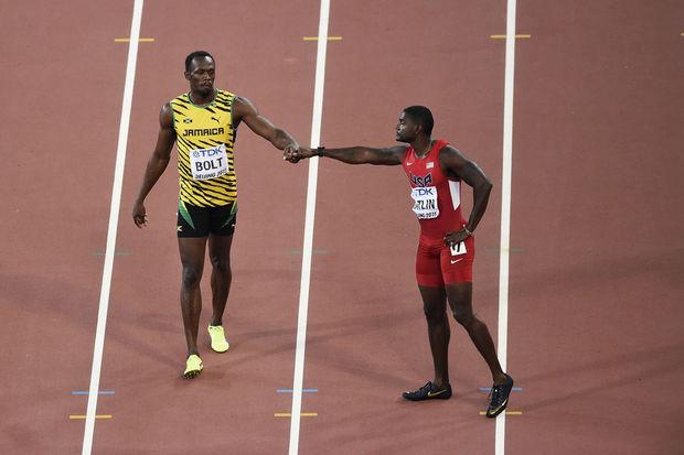 Usain Bolt en Justin Gatlin in Peking 2015.