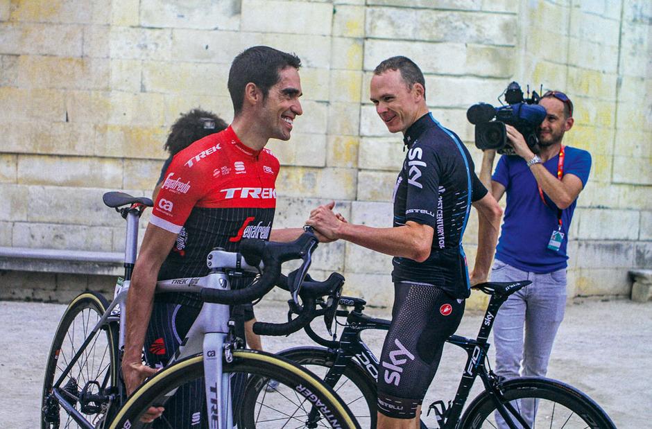 Alberto Contador en Chris Froome op de ploegenvoorstelling van de Vuelta dit jaar. 