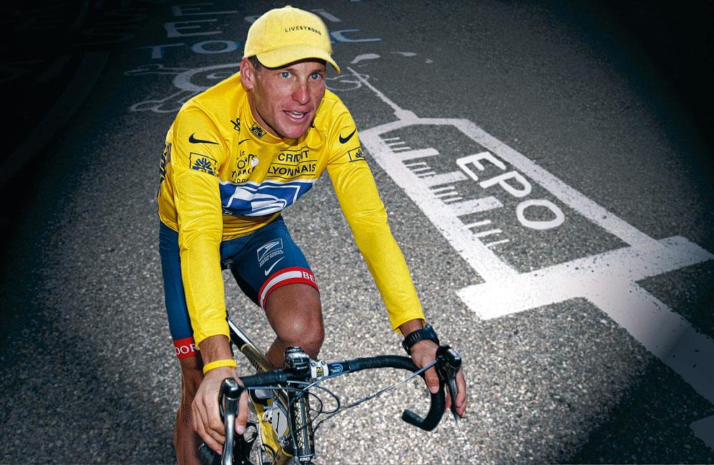 Een straatschildering op Alpe d'Huez naar aanleiding van Armstrongs Tourzege in 1999.