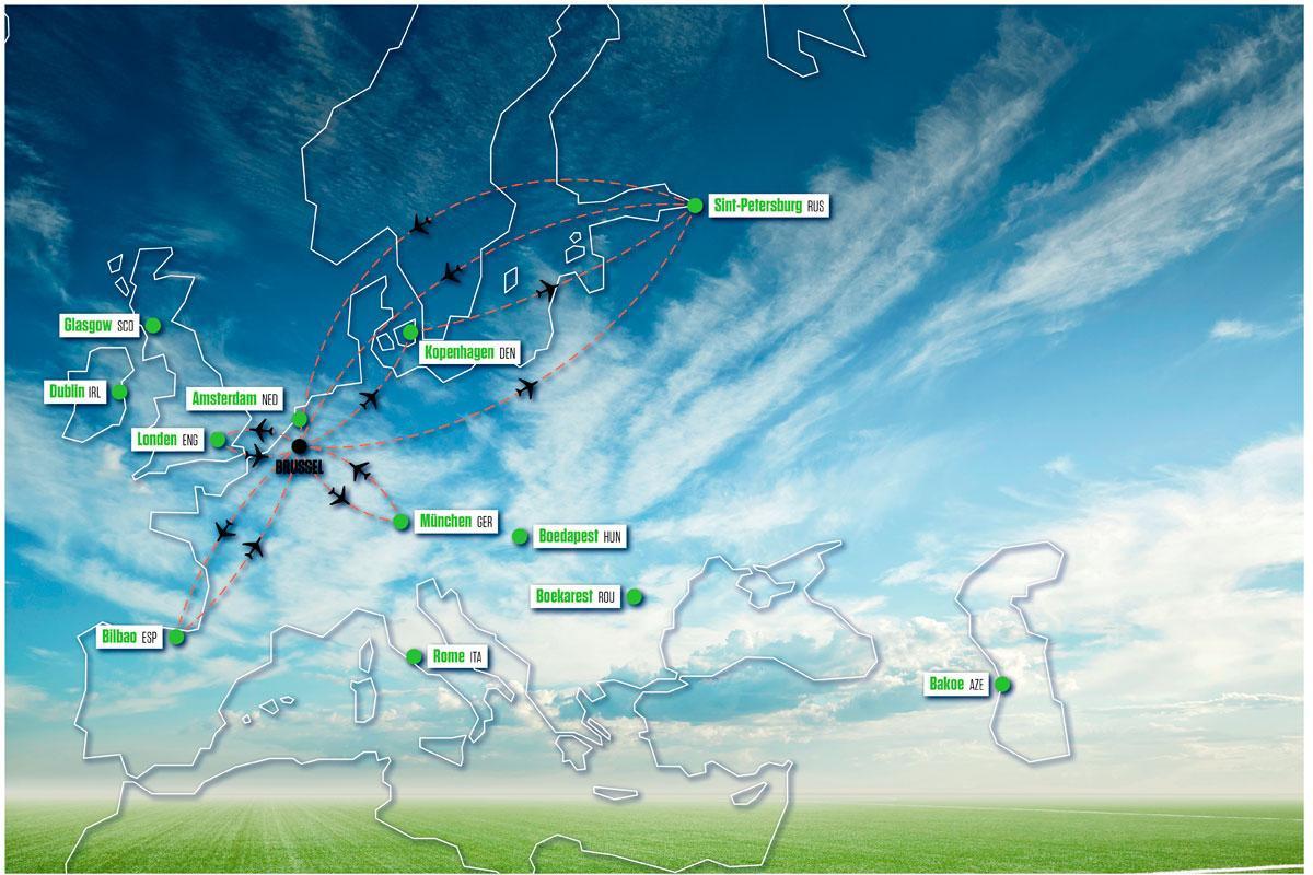 Het vliegschema van de Rode Duivels tijdens het EK 2020, op voorwaarde dat ze eerste eindigen in groep B en daarna doorgaan tot de halve finale en de finale in Londen. Eindigen de Duivels tweede in groep B, dan loopt het traject naar Londen via Amsterdam en Bakoe.