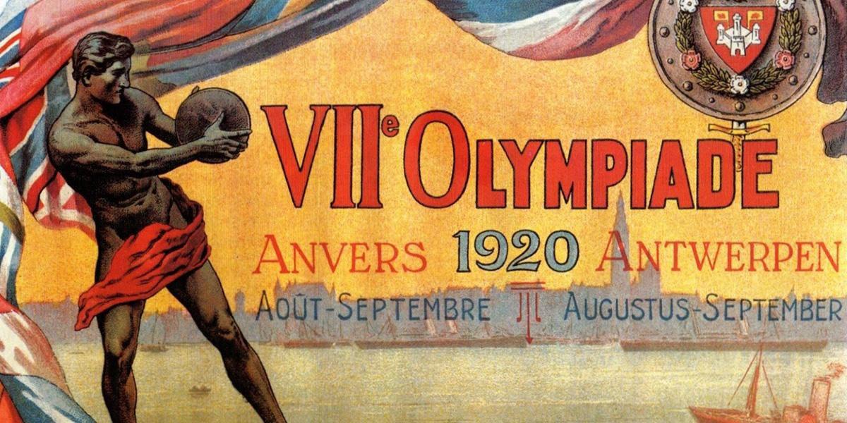 De poster die de 7e Olympiade in Antwerpen aankondigde