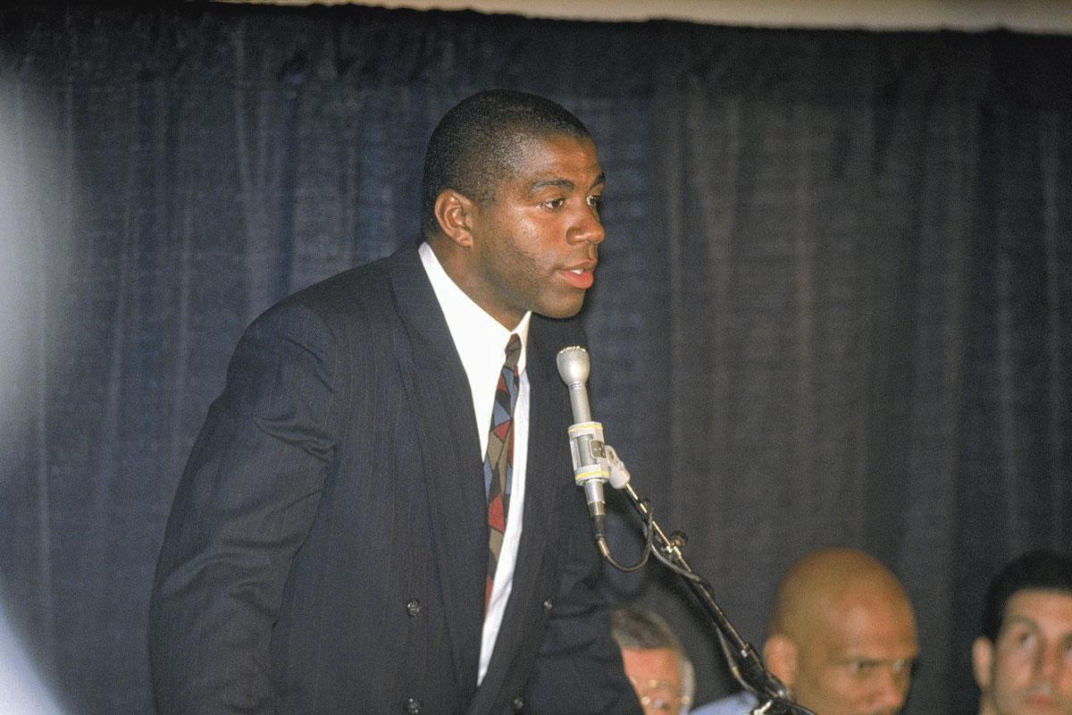 Op de persconferentie in 1991 waar hij aankondigde besmet te zijn met het hiv-virus.