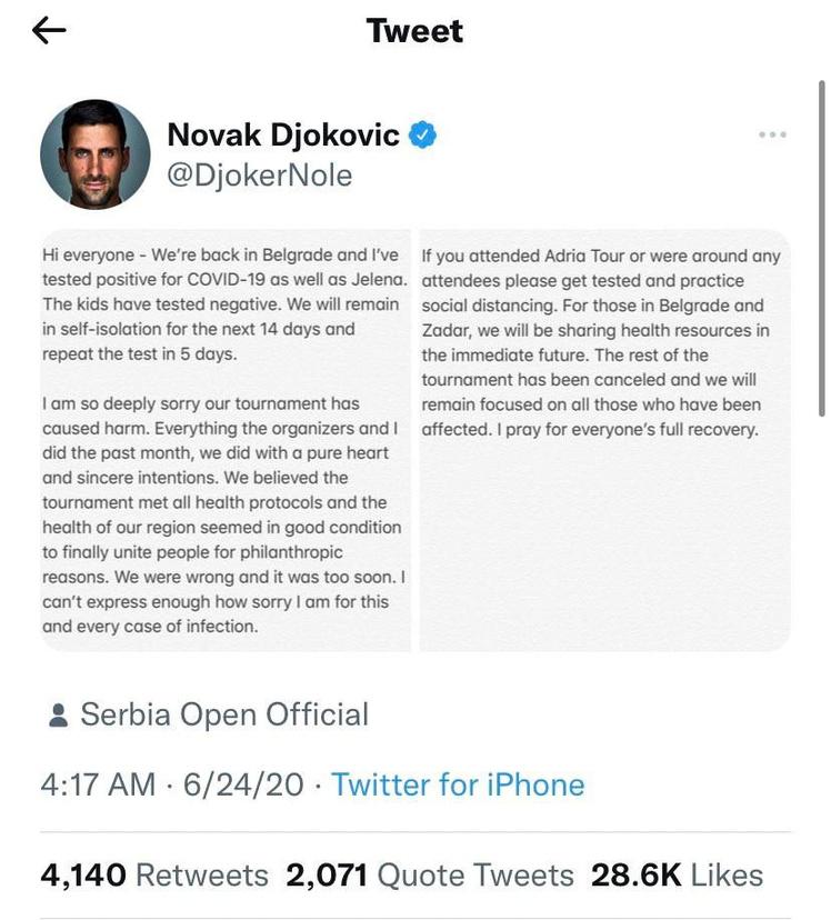 De excuses van Djokovic meteen na de Adria Tour in 2020.