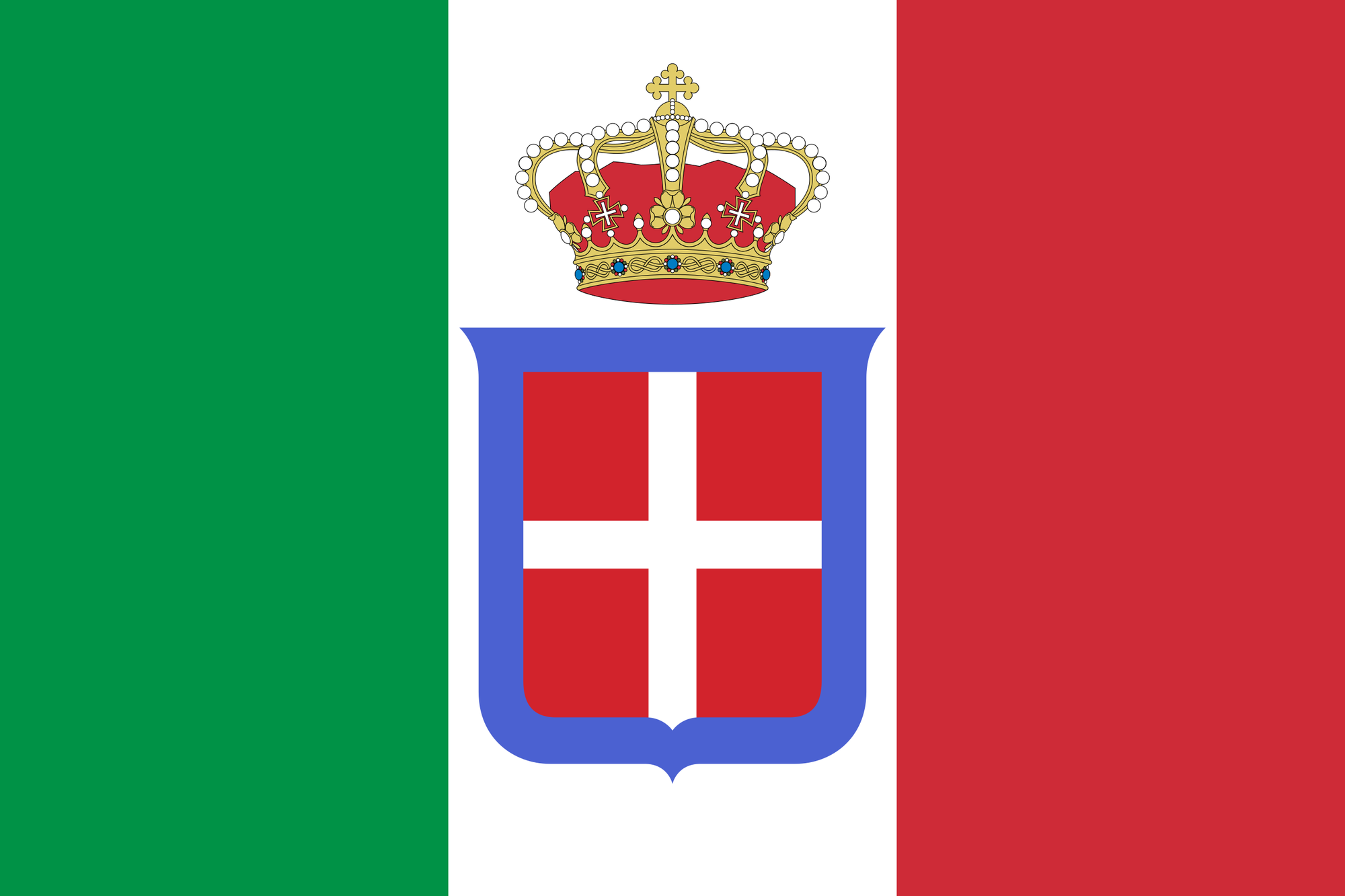 De Italiaanse vlag tot 1946. Merk vooral het wapenschild van het huis van Savoie op met de blauwe band.