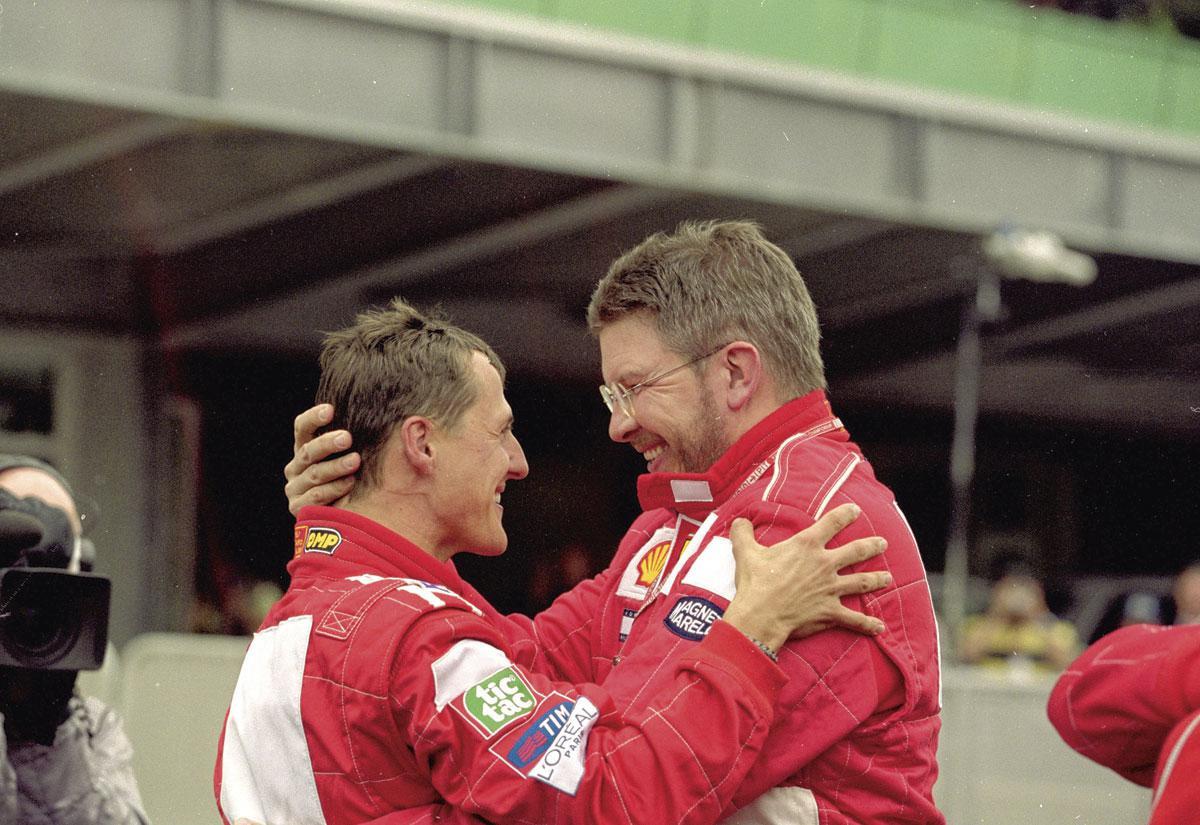 Met Ross Brawn, zijn teamchef bij Benetton en later Ferrari: 'Het speciale aan Michael is dat hij zijn gave niet vergooid heeft.'