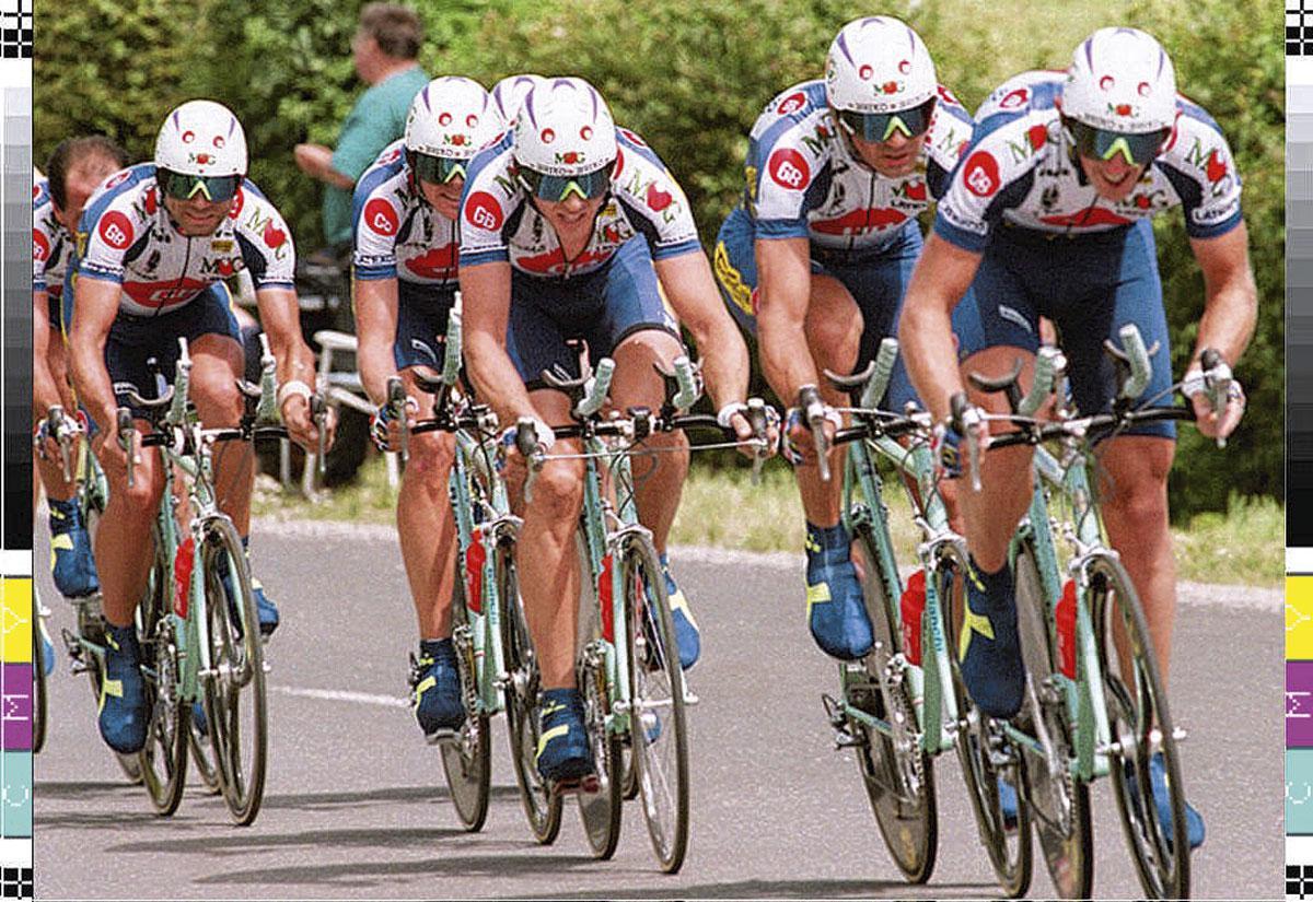 De GB-MG-ploeg met Johan Museeuw won in 1994 de tijdrit tussen Calais en de Kanaaltunnel.