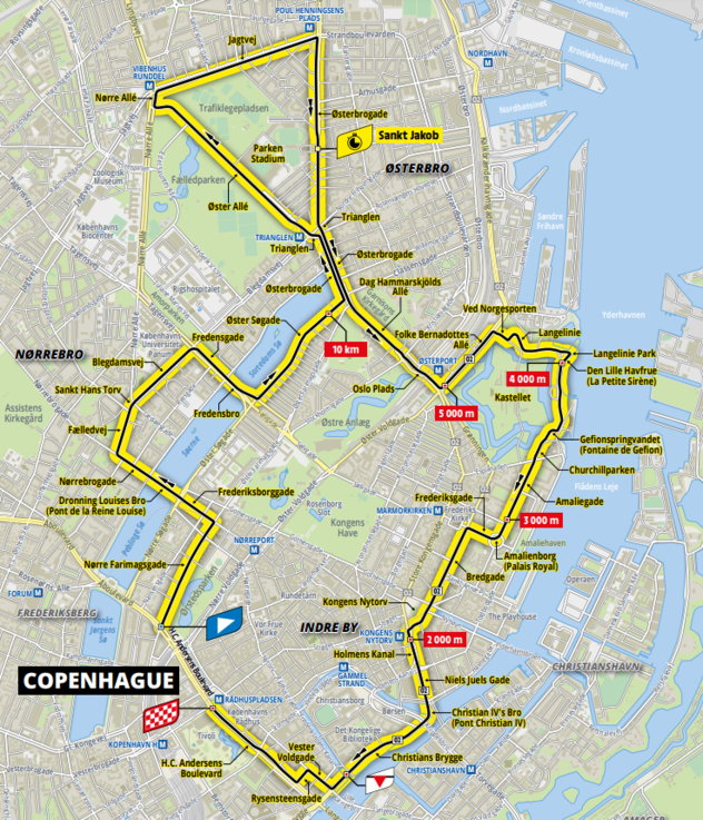Het parcours van de tijdrit in Kopenhagen.