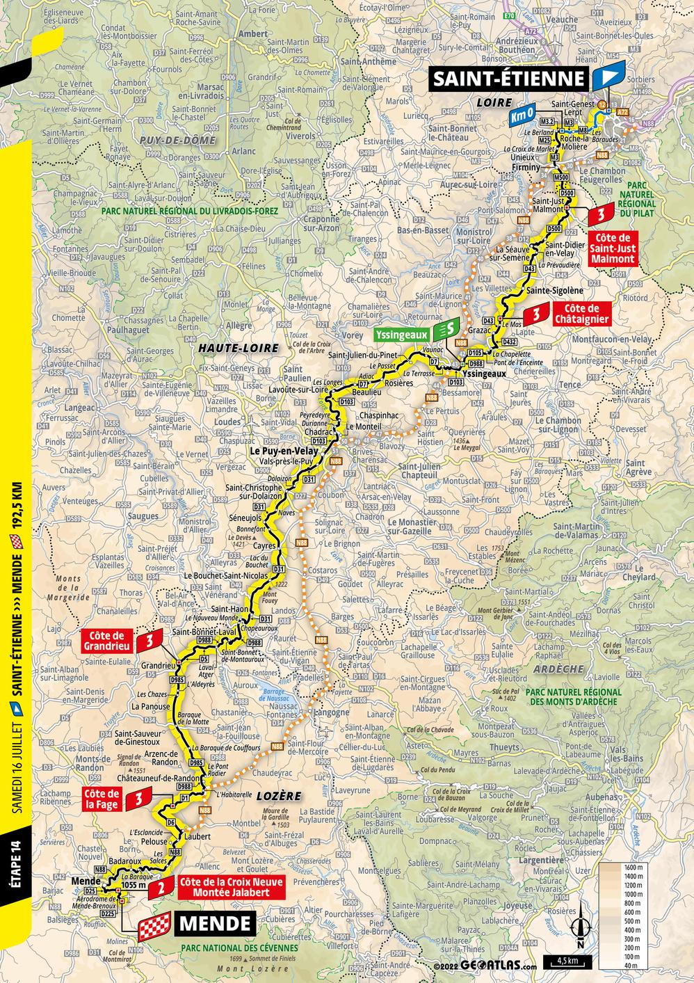De kaart van de veertiende etappe naar Mende.