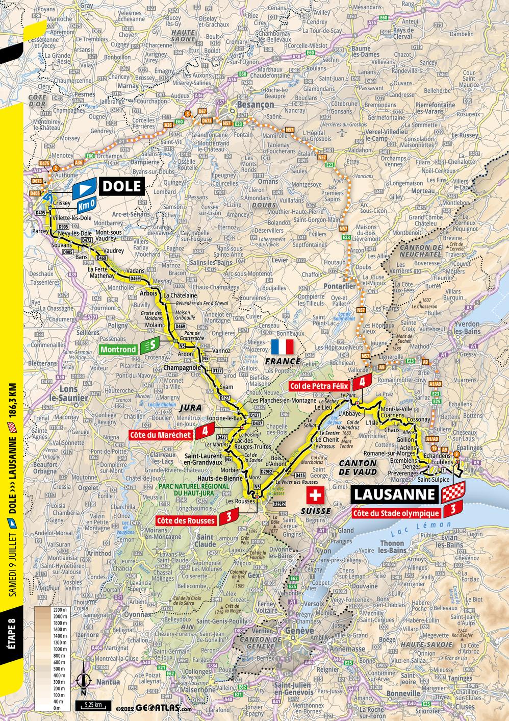De kaart van de achtste etappe richting Lausanne.