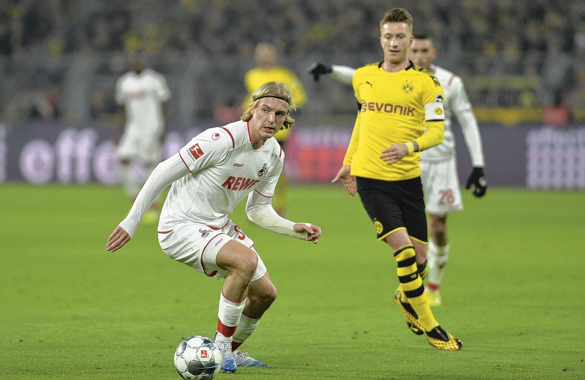 Sebastiaan Bornauw in actie tegen Dortmund, de wedstrijd van zijn doorbraak bij FC Köln.