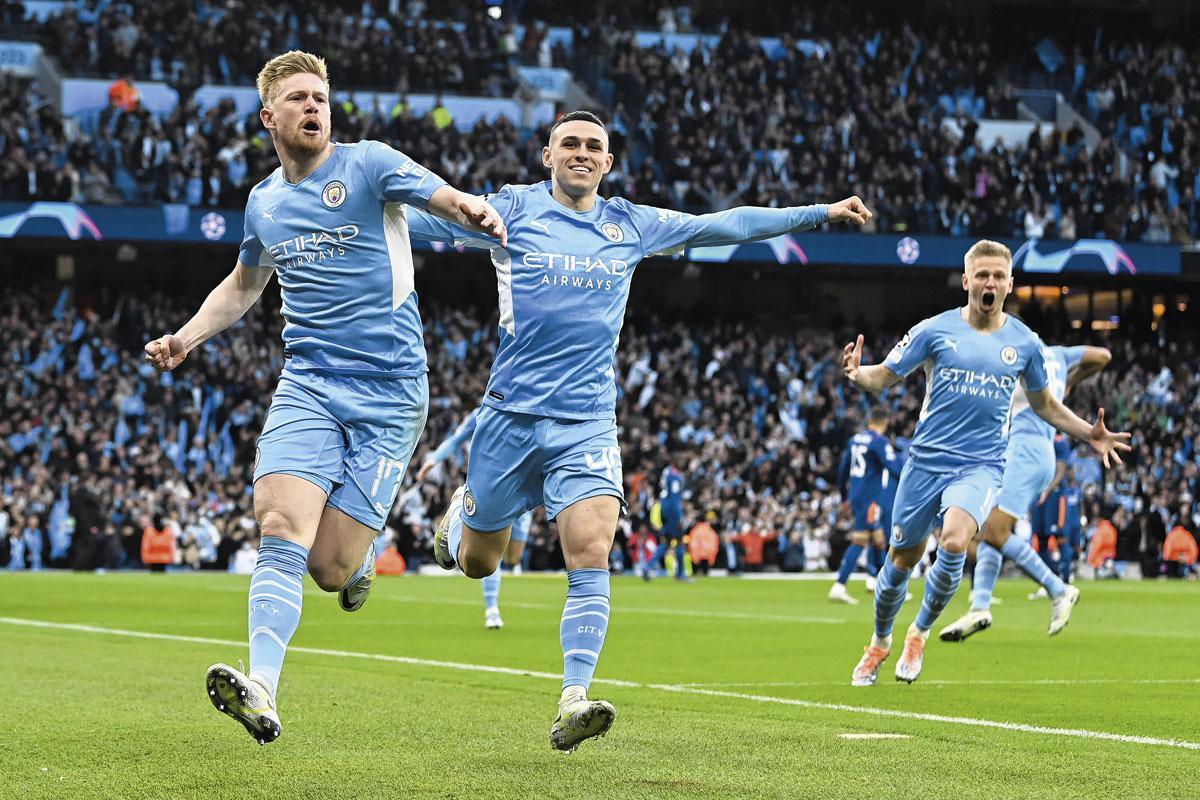 Kevin De Bruyne célèbre son ouverture du score pour Manchester City lors la demi-finale aller de la Champions League face au Real Madrid.
