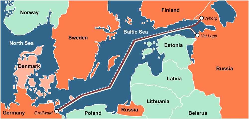 Le tracé de Nord Stream 1 et 2 qui relient la Russie à l'Allemagne. 