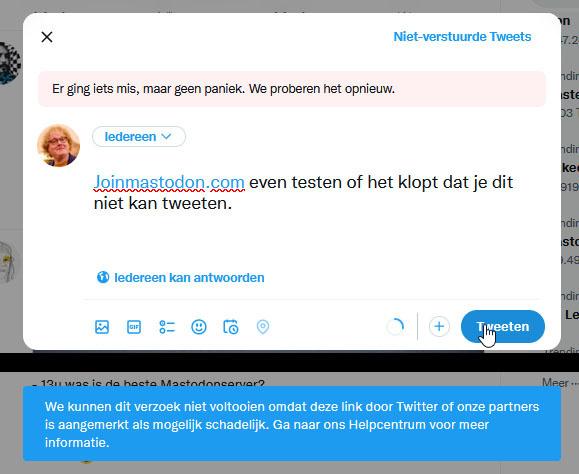 Een link naar concurrent joinmastodon.com tweeten kan niet op Twitter want dat is mogelijk gevaarlijk zegt de site.