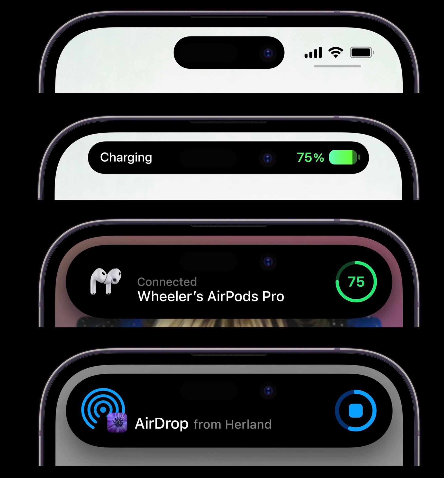 La nouvelle échancrure des iPhone 14 Pro et Pro Max (en haut) avec, en-dessous, quelques exemples de ce qui est qualifié de Dynamic Island par Apple.
