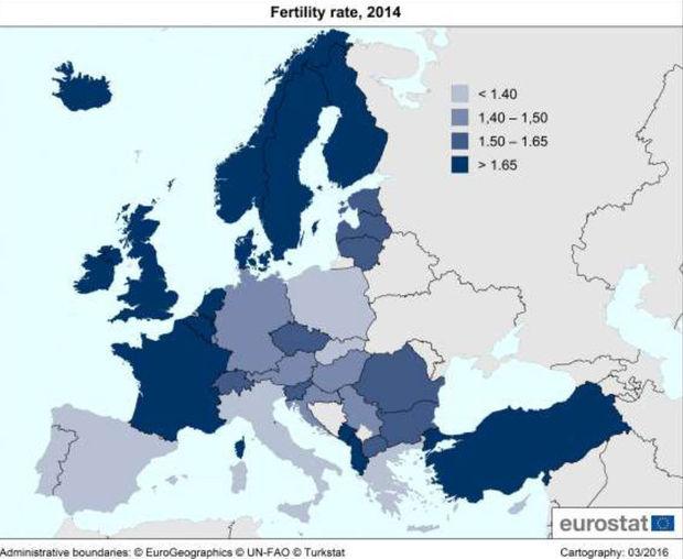 vruchtbaarheidsgraad in de EU (2014)